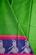 Narayanpet cotton saree leaf green and pink color with big thread border, short pallu and plain blouse.