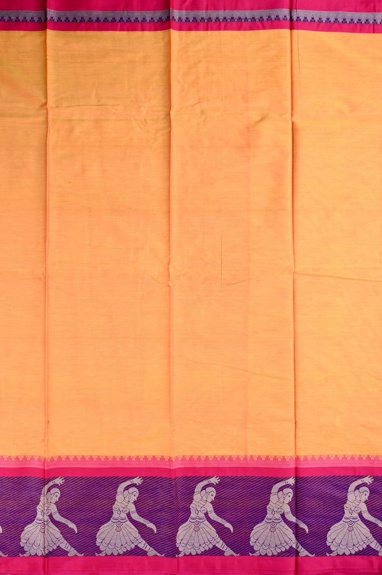 Narayanpet cotton saree yellow and pink color with big thread border, short pallu and plain blouse.