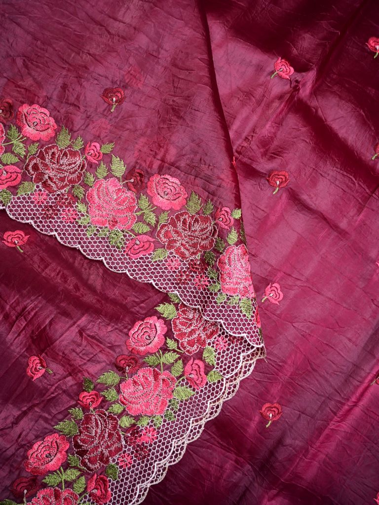 Soft organza fancy sarees maroon color allover floral motifs & embroidery border with running pallu and attached blouse