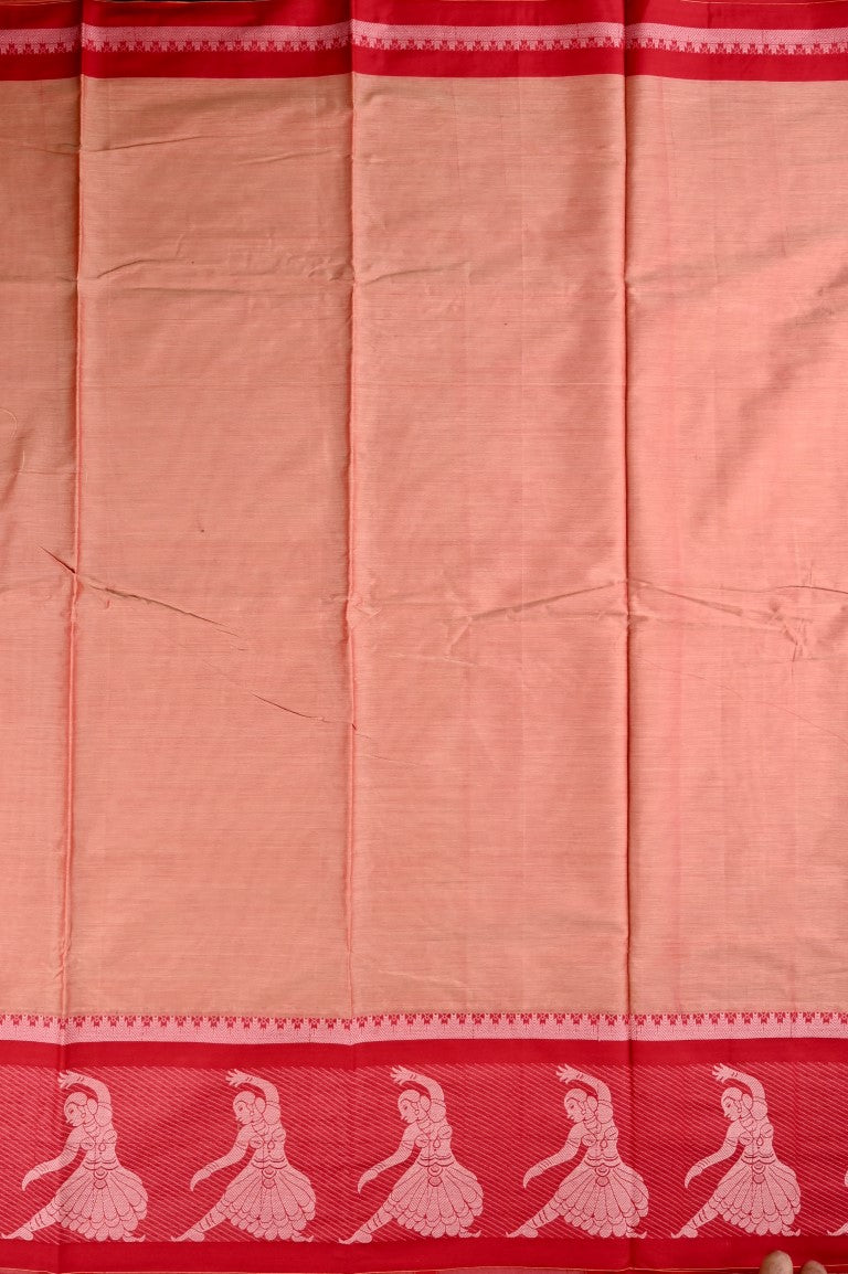 Narayanpet cotton saree light orange and red color with big thread border, short pallu and plain blouse.
