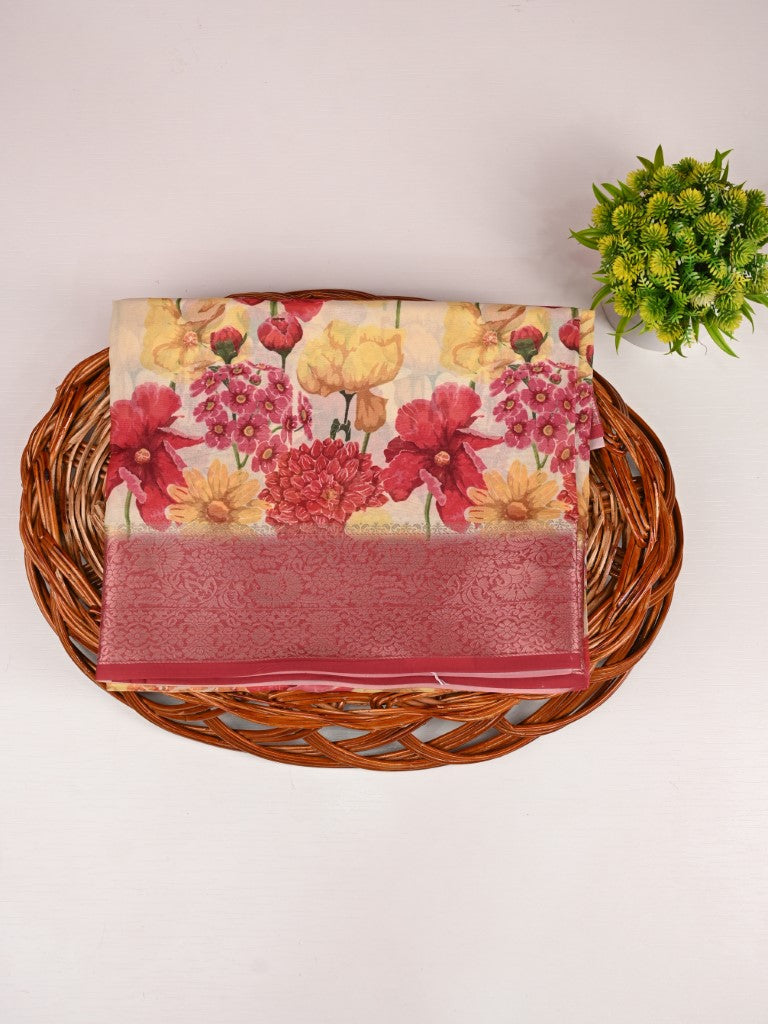 Organza saree cream and red color with allover floral digital prints, small zari border, short pallu and printed blouse