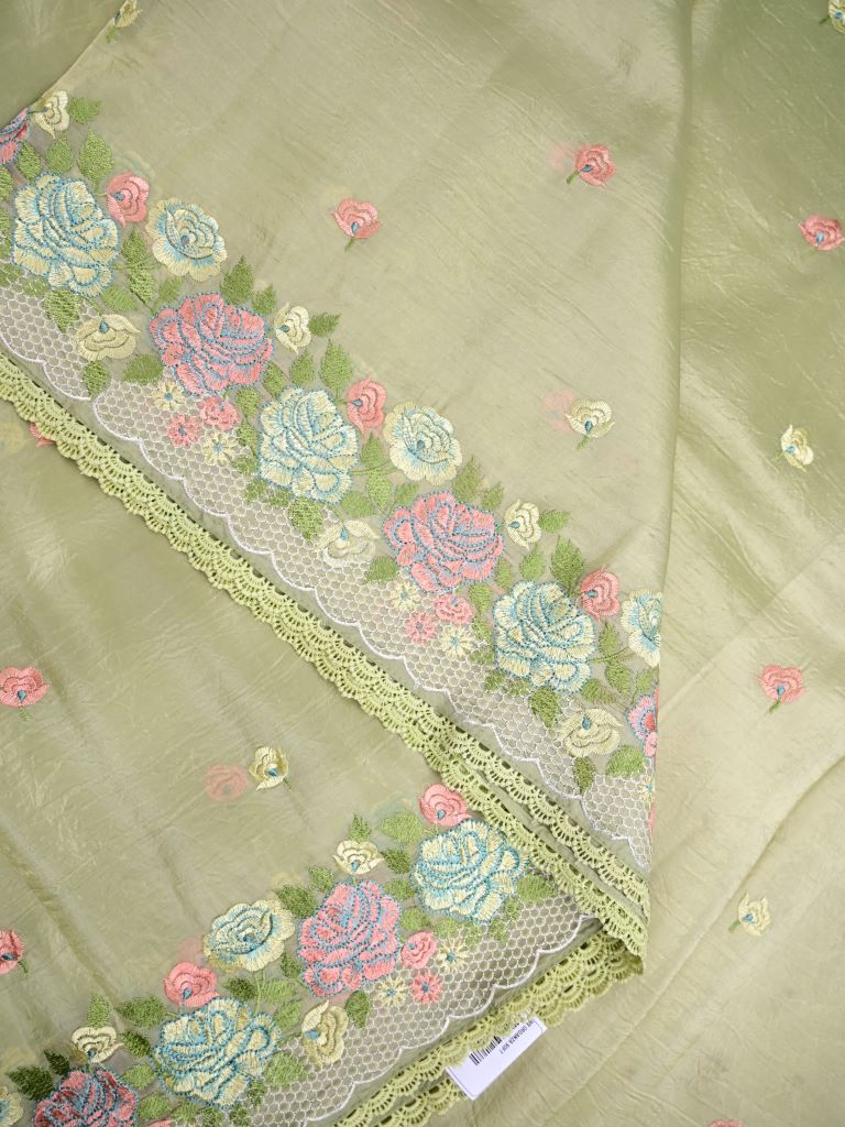 Soft organza fancy sarees light beige color allover floral motifs & embroidery border with running pallu and attached blouse