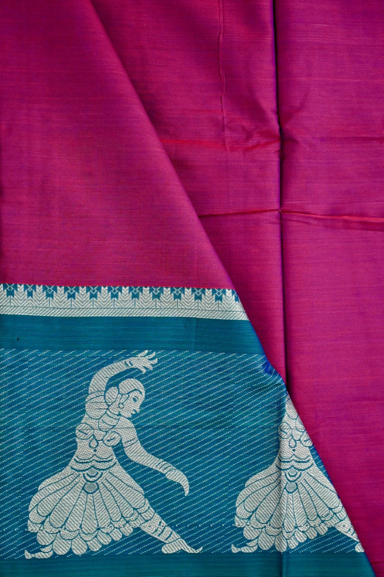 Narayanpet cotton saree maroon and green color with big thread border, short pallu and plain blouse.