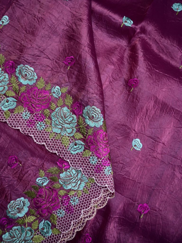 Soft organza fancy sarees dark wine color allover floral motifs & embroidery border with running pallu and attached blouse