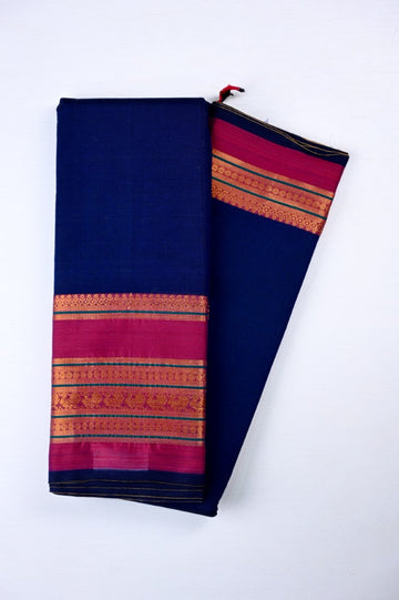 Narayanpet cotton saree blue color with contrast big zari border, short pallu and plain blouse.