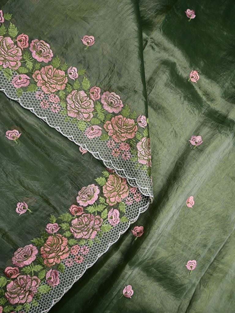 Soft organza fancy sarees olive green color allover floral motifs & embroidery border with running pallu and attached blouse