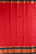 Narayanpet cotton saree red color with contrast big zari border, short pallu and plain blouse.
