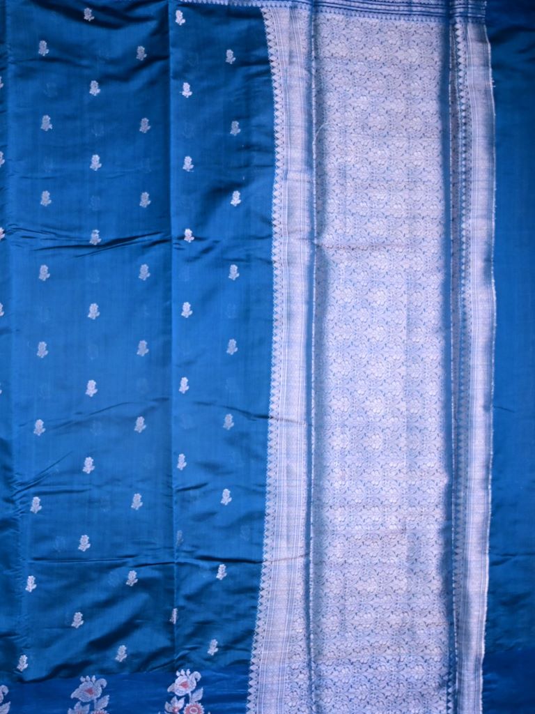 Chiniya fancy silk fancy saree royal blue color allover zari motifs & zari border with short pallu and attached brocade blouse