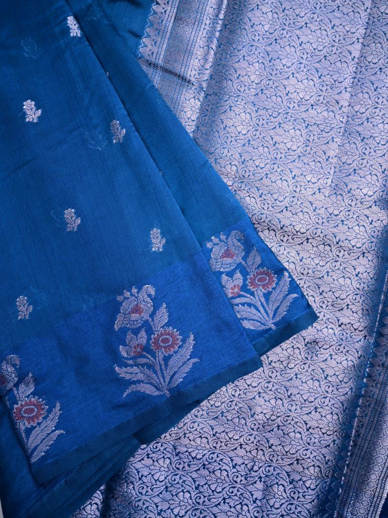 Chiniya fancy silk fancy saree royal blue color allover zari motifs & zari border with short pallu and attached brocade blouse