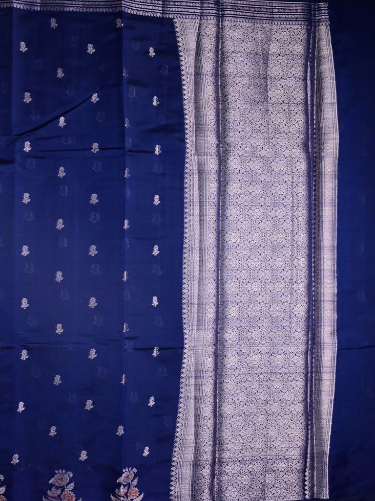 Chiniya fancy silk fancy saree navy blue color allover zari motifs & zari border with short pallu and attached brocade blouse