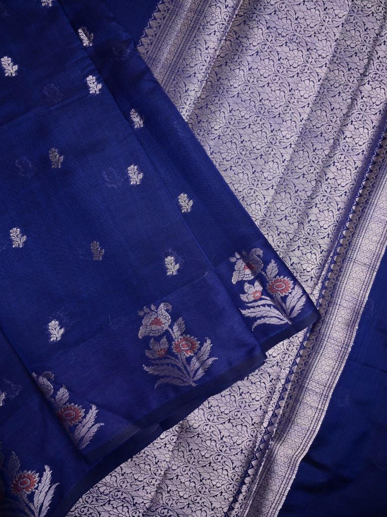 Chiniya fancy silk fancy saree navy blue color allover zari motifs & zari border with short pallu and attached brocade blouse