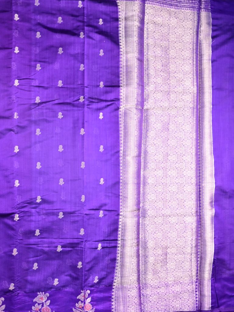 Chiniya fancy silk fancy saree violet color allover zari motifs & zari border with short pallu and attached brocade blouse