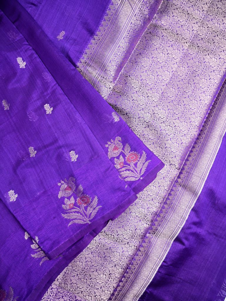 Chiniya fancy silk fancy saree violet color allover zari motifs & zari border with short pallu and attached brocade blouse