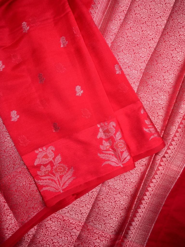 Chiniya fancy silk fancy saree red color allover zari motifs & zari border with short pallu and attached brocade blouse