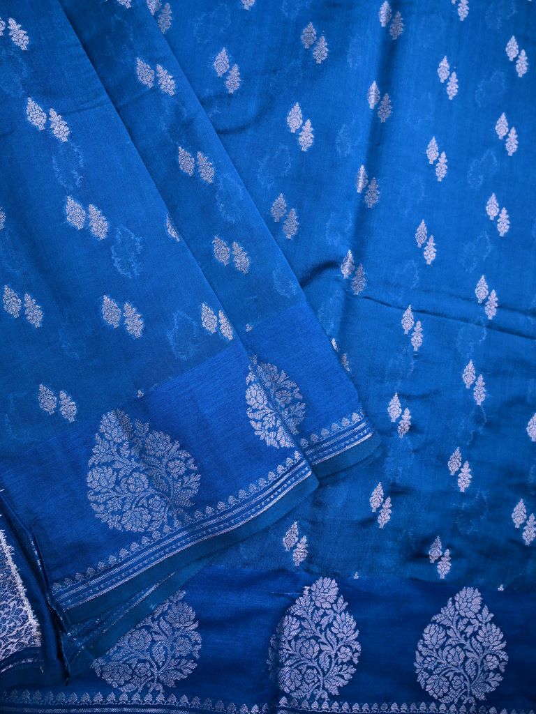 Chiniya silk fancy saree royal blue color allover zari motifs & zari border with short pallu and attached brocade blouse