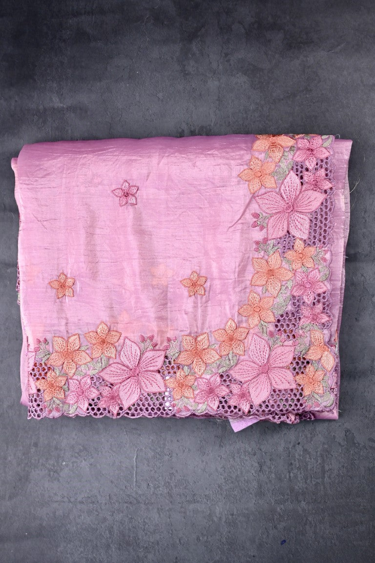 Fancy soft organza saree pink color with floral cutwork border, thread motive with running pallu and brocade blouse.