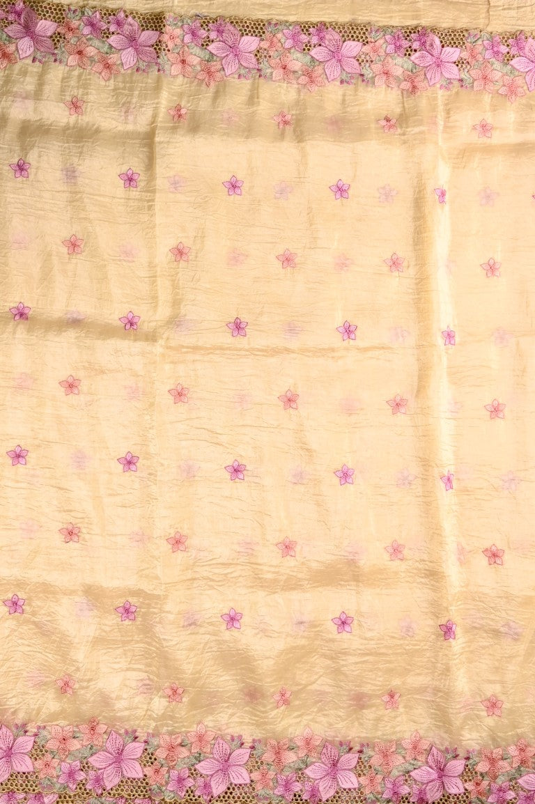 Fancy soft organza saree light yellow color with floral cutwork border, thread motive with running pallu and brocade blouse.
