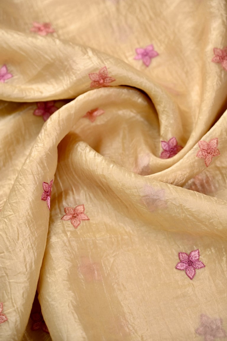 Fancy soft organza saree light yellow color with floral cutwork border, thread motive with running pallu and brocade blouse.
