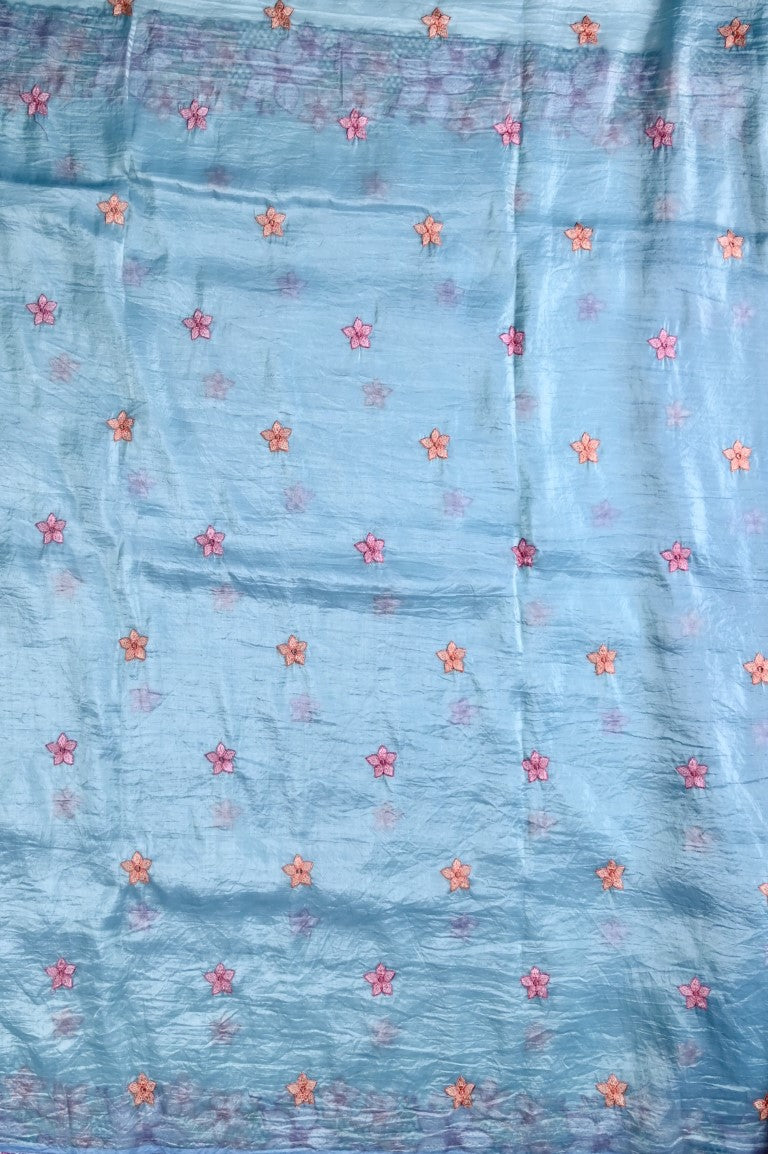 Fancy soft organza saree light sky blue color with floral cutwork border, thread motive with running pallu and brocade blouse.