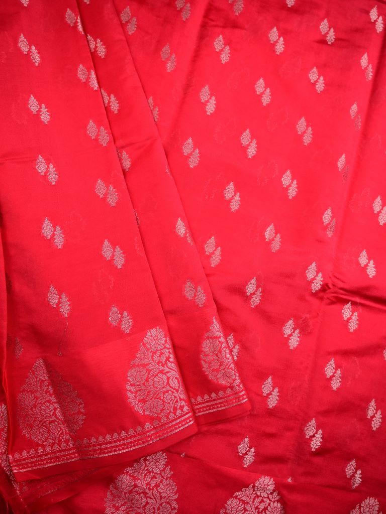 Chiniya silk fancy saree red color allover zari motifs & zari border with short pallu and attached brocade blouse