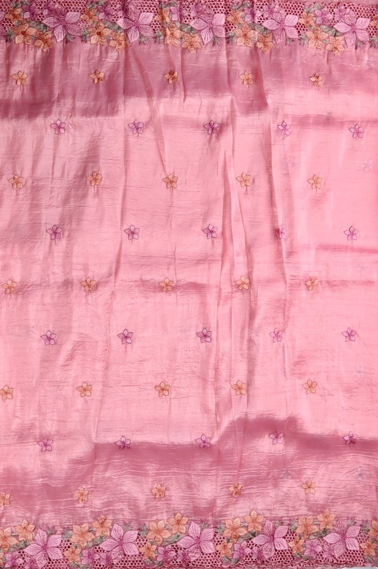 Fancy soft organza saree peach color with floral cutwork border, thread motive with running pallu and brocade blouse.