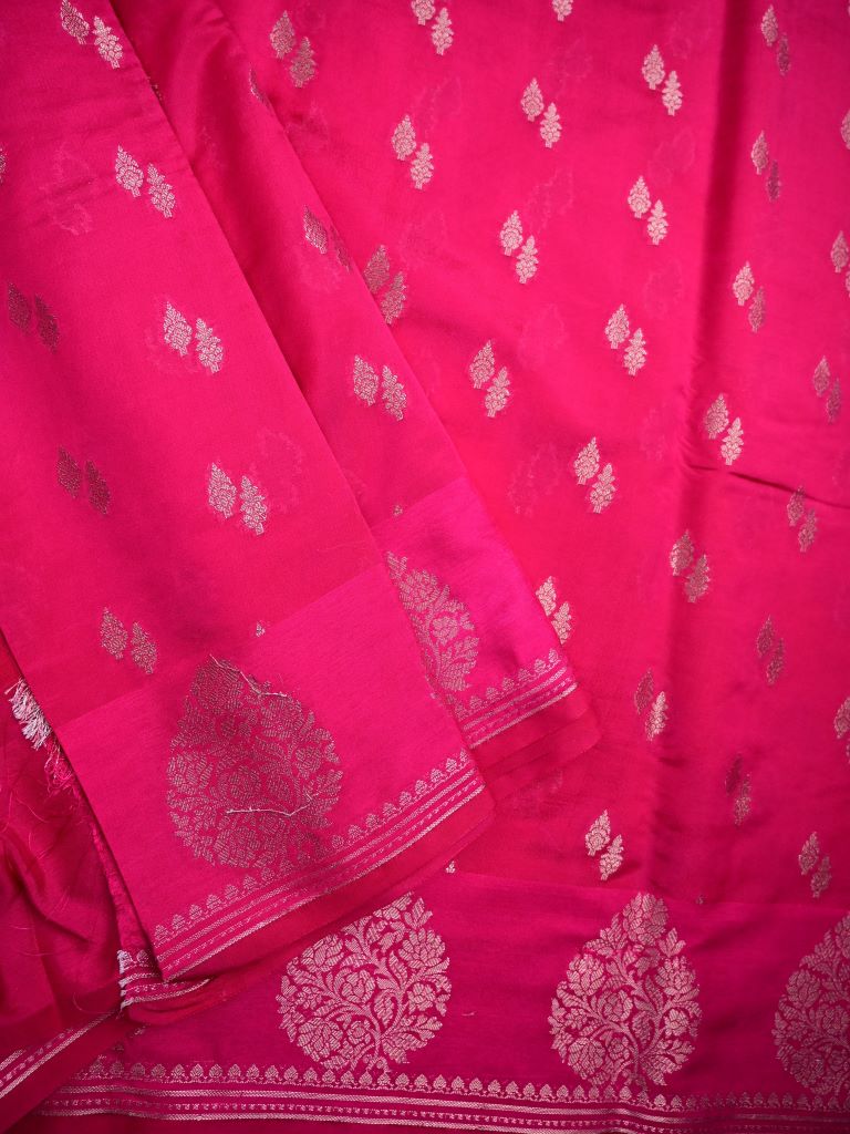 Chiniya silk fancy saree pink color allover zari motifs & zari border with short pallu and attached brocade blouse