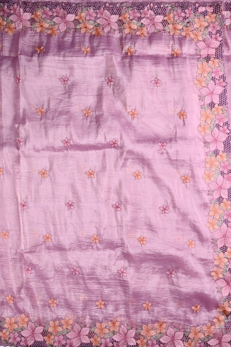 Fancy soft organza saree pink color with floral cutwork border, thread motive with running pallu and brocade blouse.