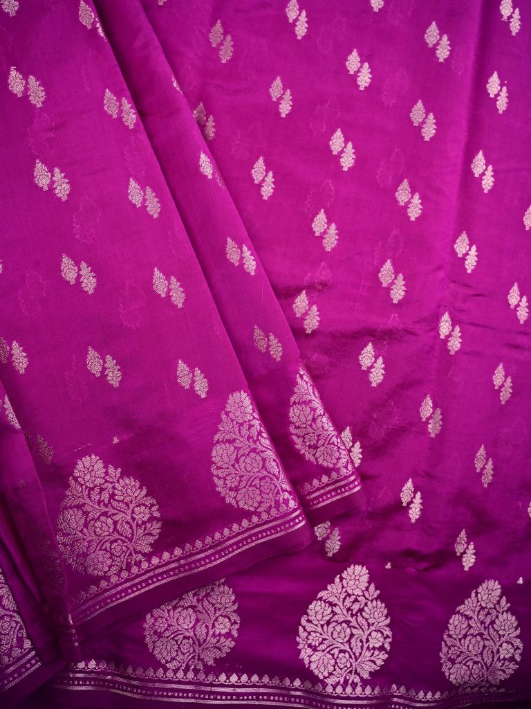 Chiniya silk fancy saree purple color allover zari motifs & zari border with short pallu and attached brocade blouse