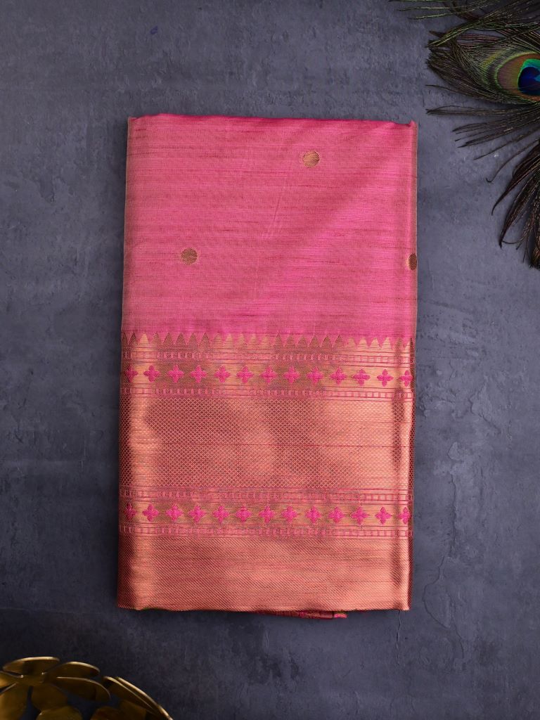 Banaras fancy saree rose pink color allover zari motifs & paithani border with paithani pallu and attached blouse