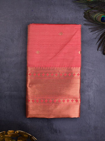 Banaras fancy saree coral pink color allover zari motifs & paithani border with paithani pallu and attached blouse