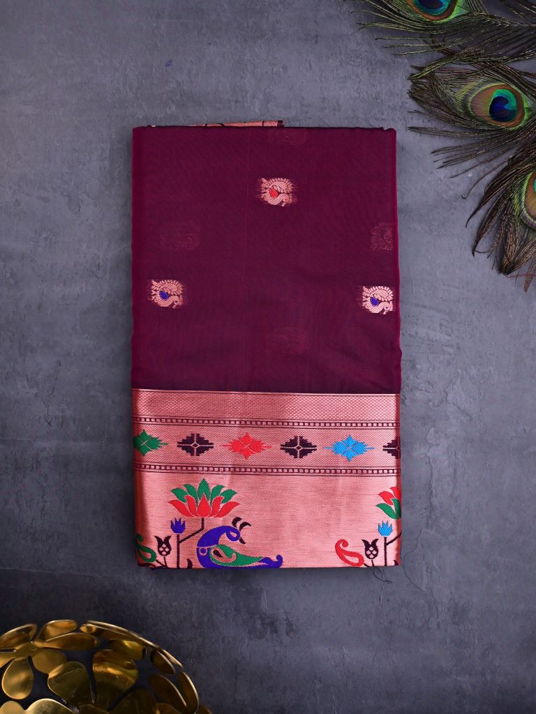 Banaras fancy saree maroon color allover zari motifs & paithani border with paithani pallu and attached blouse