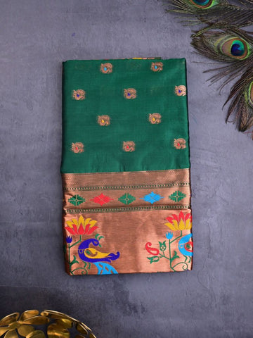 Banaras fancy saree bottle green color allover zari motifs & paithani border with paithani pallu and attached blouse