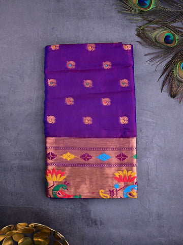 Banaras fancy saree violet color allover zari motifs & paithani border with paithani pallu and attached blouse