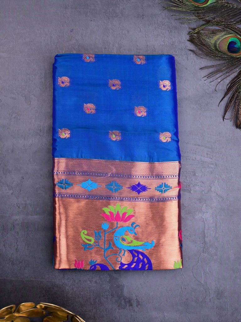 Banaras fancy saree sky blue color allover zari motifs & paithani border with paithani pallu and attached blouse