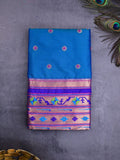 Banaras fancy saree sky blue color allover zari motifs & zari border with paithani pallu and attached contrast blouse