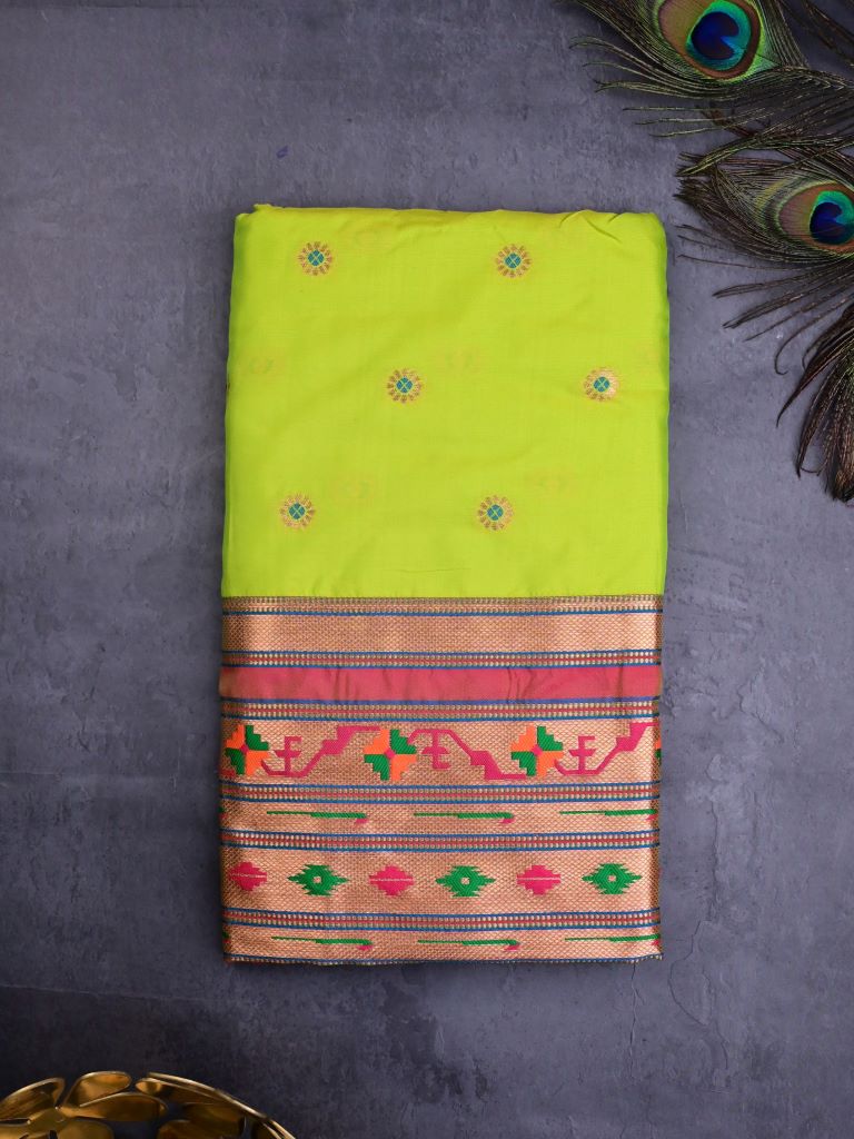 Banaras fancy saree parrot green color allover zari motifs & zari border with paithani pallu and attached contrast blouse