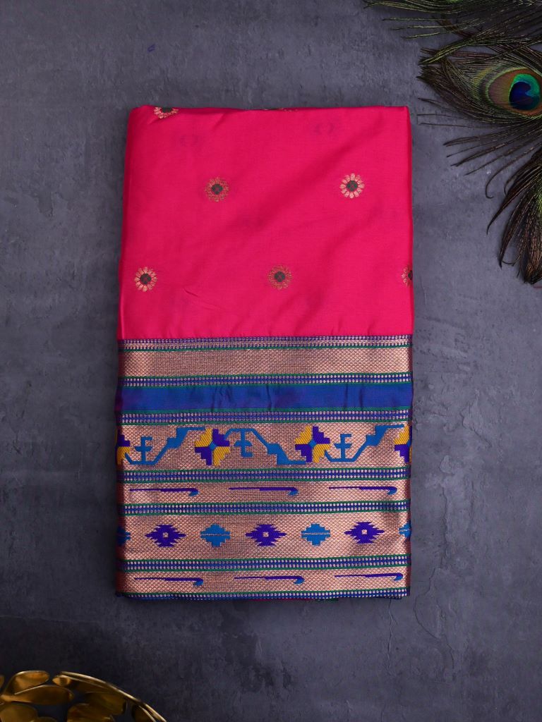 Banaras fancy saree pink color allover zari motifs & zari border with paithani pallu and attached contrast blouse