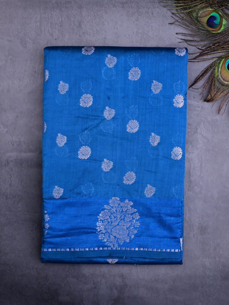 Chiniya silk fancy saree blue color allover zari motifs & zari border with short pallu and attached brocade blouse