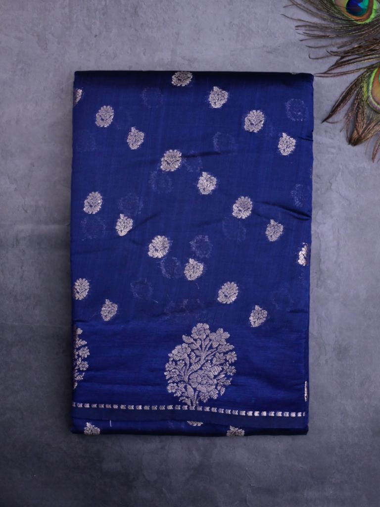 Chiniya silk fancy saree navy blue color allover zari motifs & zari border with short pallu and attached brocade blouse