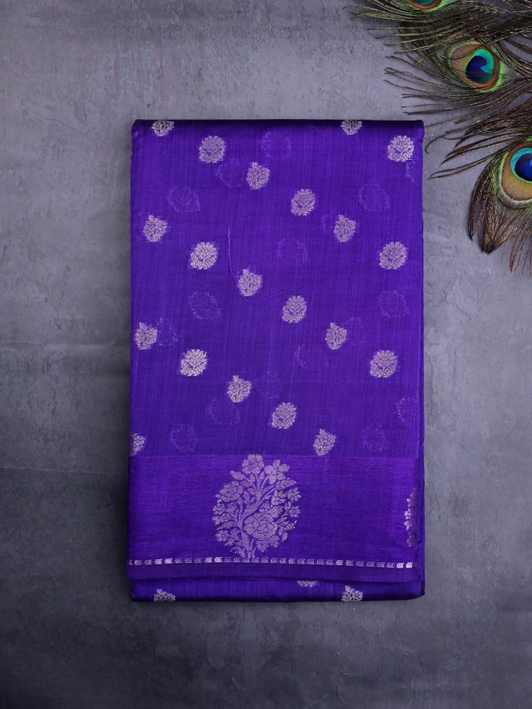 Chiniya silk fancy saree royal blue color allover zari motifs & zari border with short pallu and attached brocade blouse