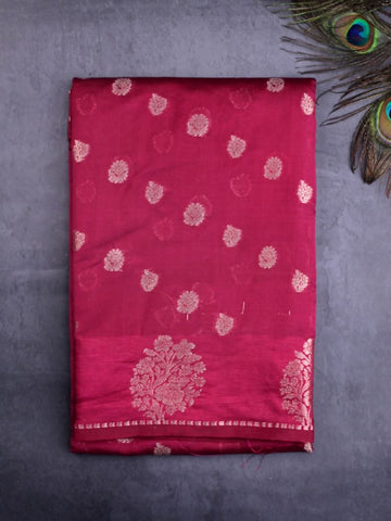 Chiniya silk fancy saree maroon color allover zari motifs & zari border with short pallu and attached brocade blouse