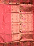 Banaras fancy saree coral pink color allover zari motifs & paithani border with paithani pallu and attached blouse