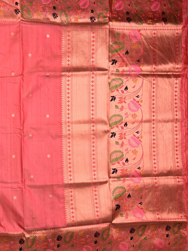 Banaras fancy saree coral pink color allover zari motifs & paithani border with paithani pallu and attached blouse