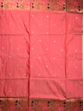 Banaras fancy saree coral pink color allover zari motifs & paithani border with paithani pallu and attached blouse