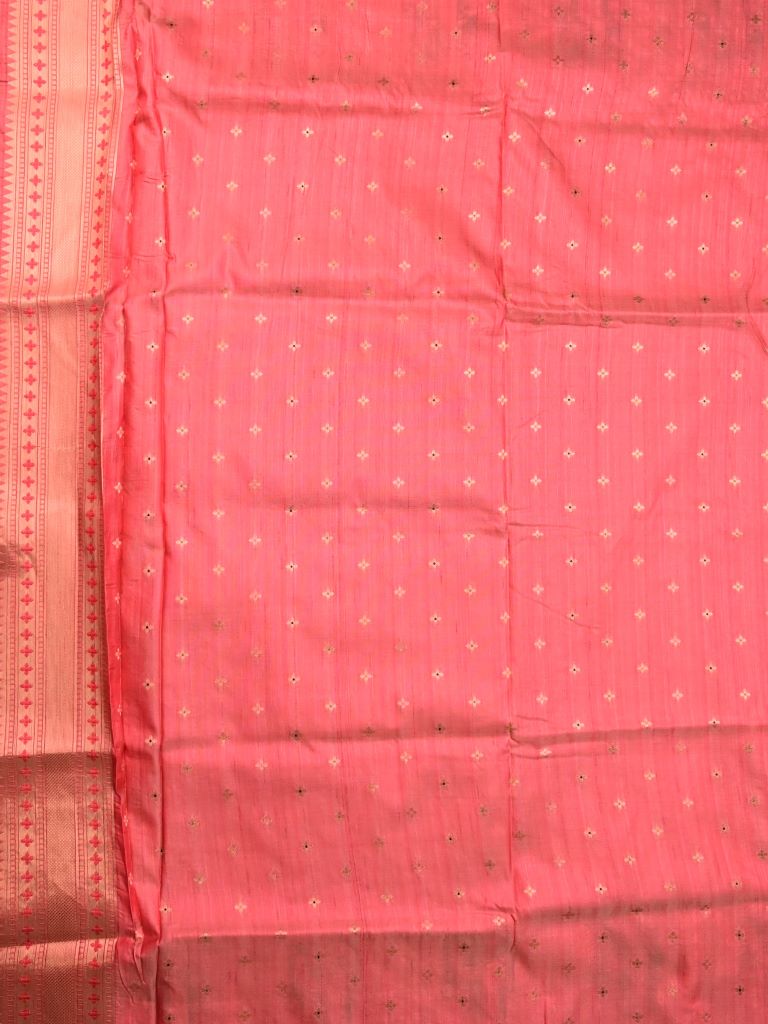 Banaras fancy saree coral pink color allover zari motifs & paithani border with paithani pallu and attached blouse