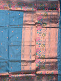 Banaras fancy saree sky blue color allover zari motifs & paithani border with paithani pallu and attached blouse