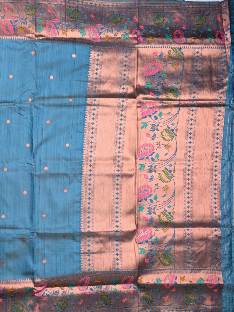 Banaras fancy saree sky blue color allover zari motifs & paithani border with paithani pallu and attached blouse