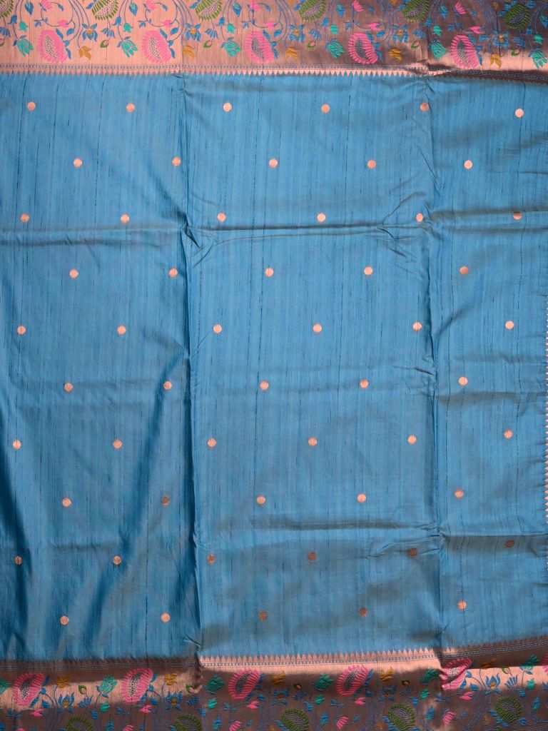 Banaras fancy saree sky blue color allover zari motifs & paithani border with paithani pallu and attached blouse