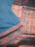 Banaras fancy saree sky blue color allover zari motifs & paithani border with paithani pallu and attached blouse