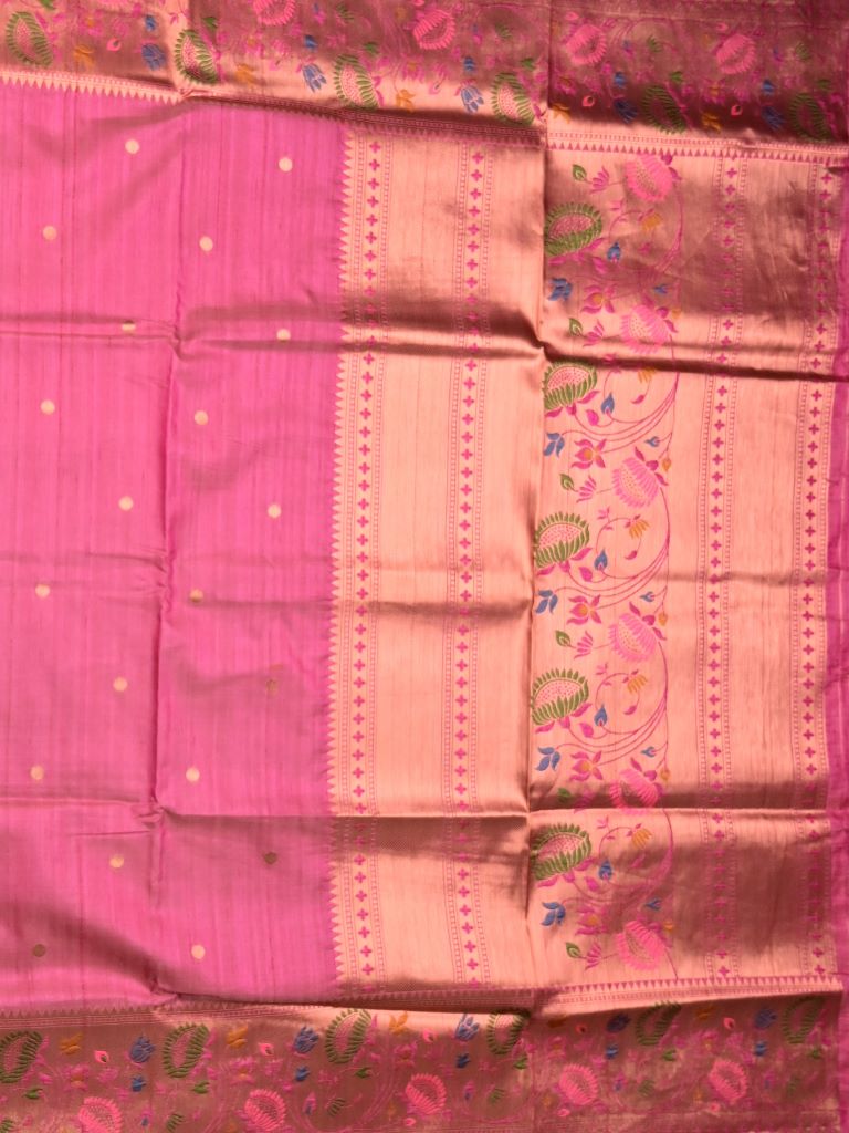 Banaras fancy saree rose pink color allover zari motifs & paithani border with paithani pallu and attached blouse